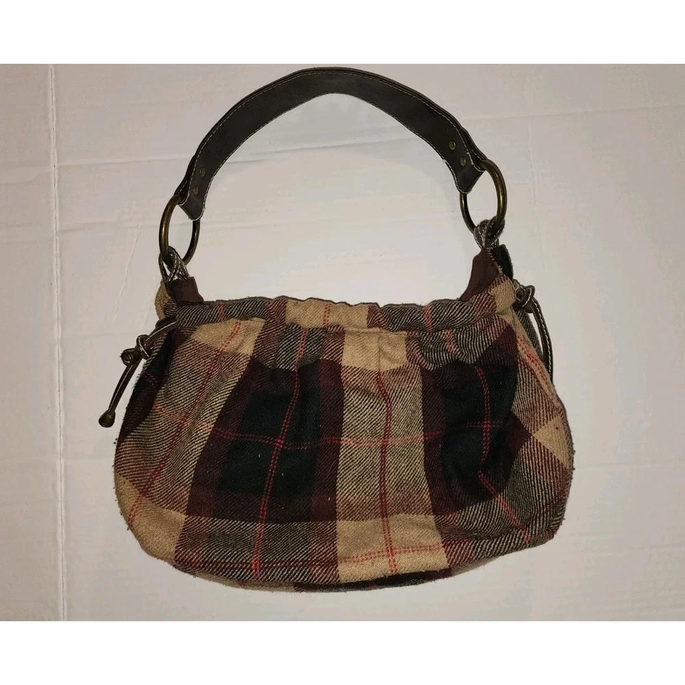 Women's Y2K Plaid Purse, Hand Bag By Old Navy Tan, Eggplant And Red